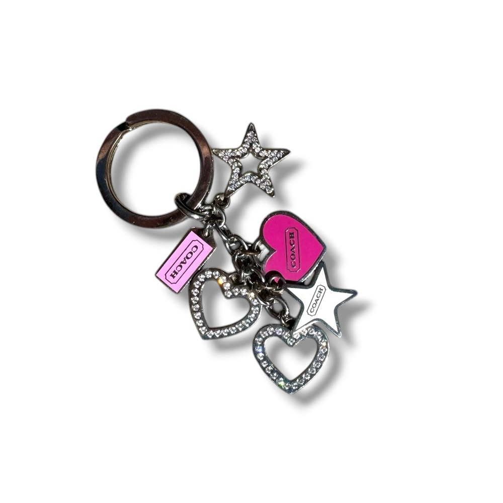 Vtg COACH Y2k Pink Pave Hearts Stars Swarovski Crystal Multi Charm Keychain Fob